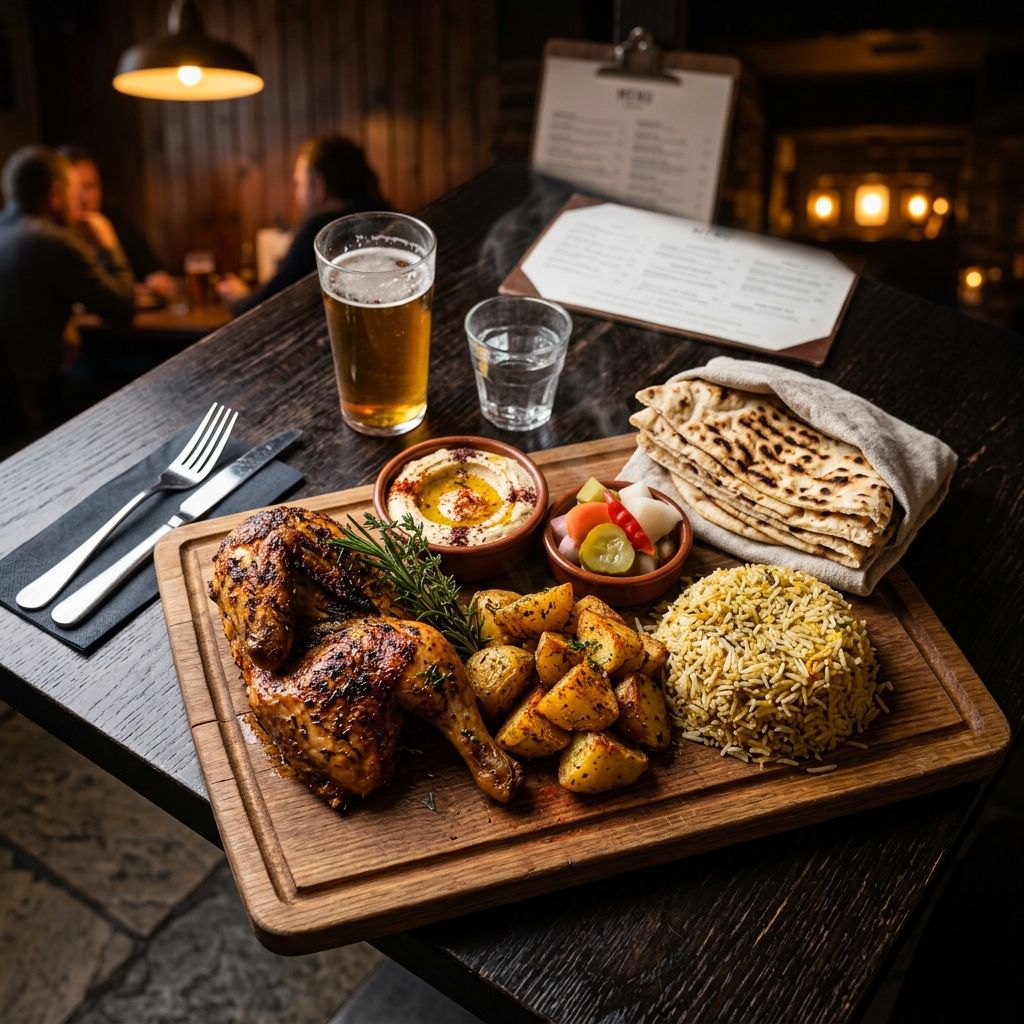 Takumi Duo Platter with rotisserie chicken, rice, hummus and khubz